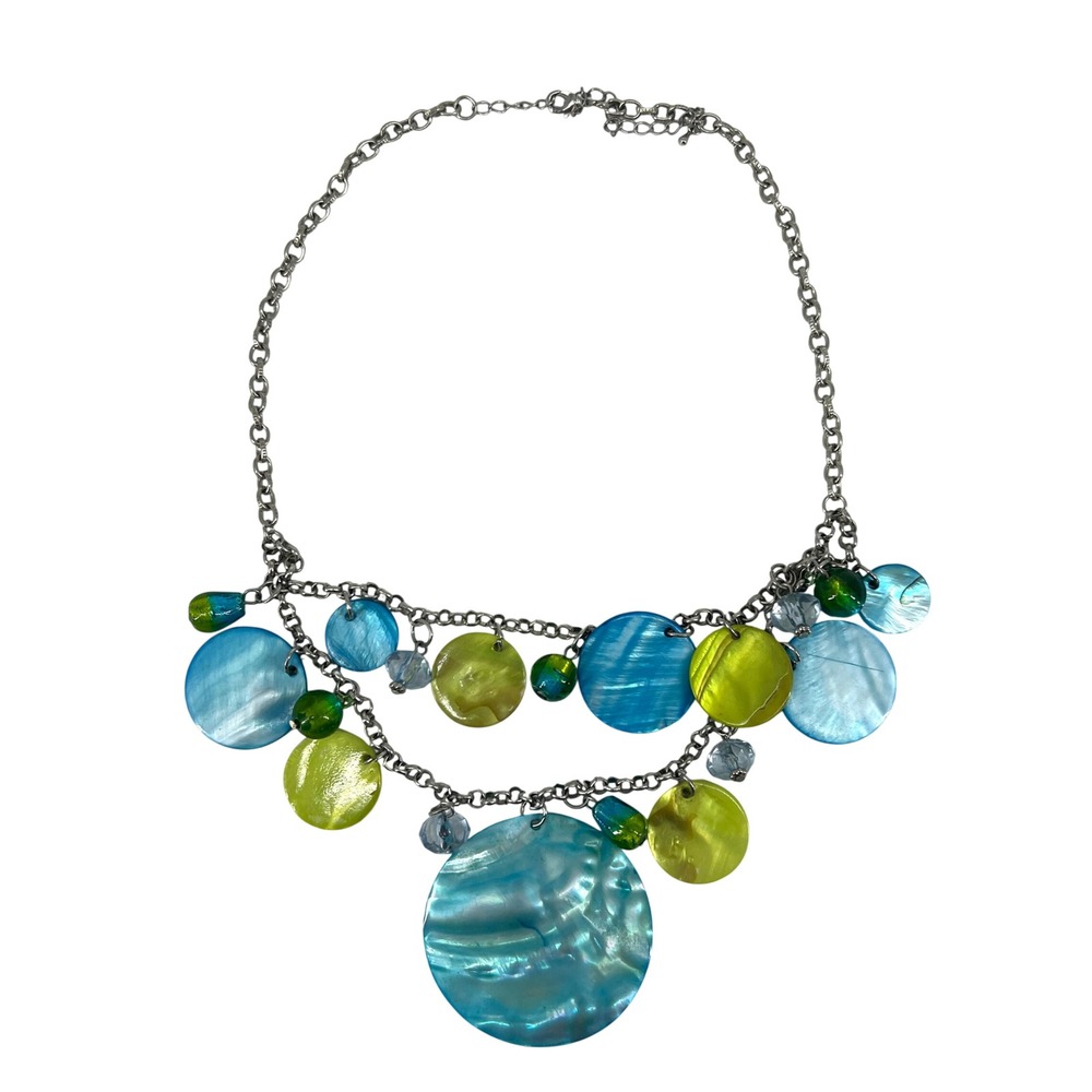 Y2K Blue Lime Green Mother of Pearl Shell Disc Statement Necklace Silver Bead